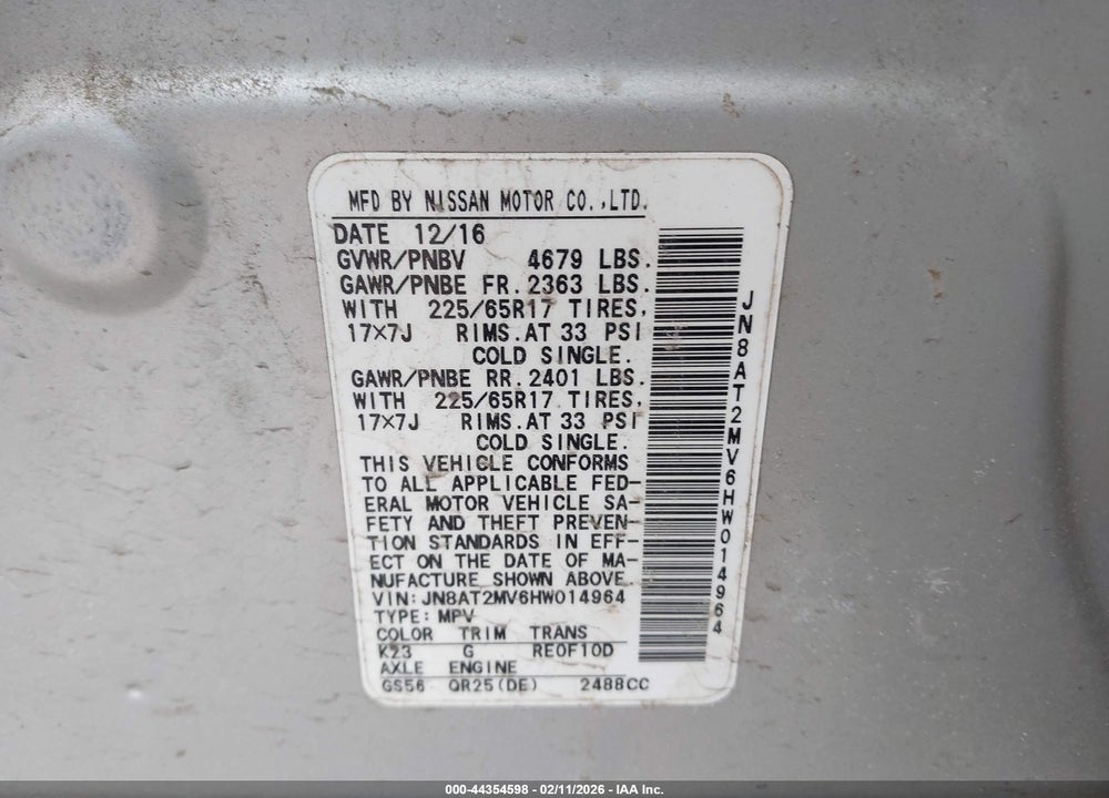 2017 NISSAN ROGUE SV VIN: JN8AT2MV6HW014964