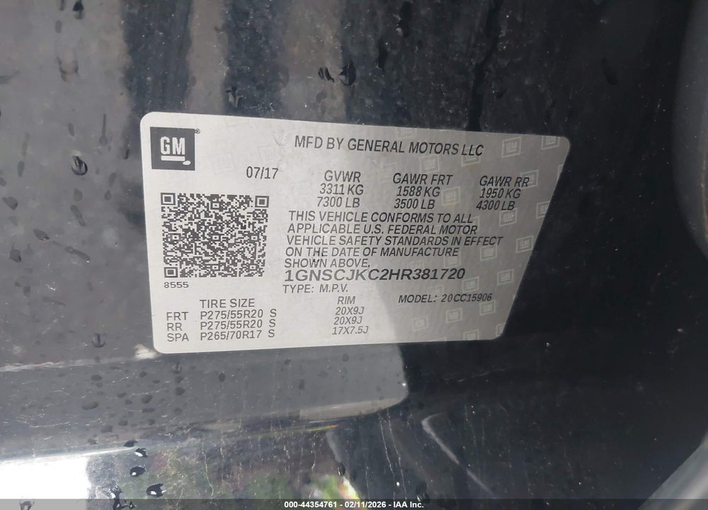 2017 CHEVROLET SUBURBAN PREMIER VIN: 1GNSCJKC2HR381720