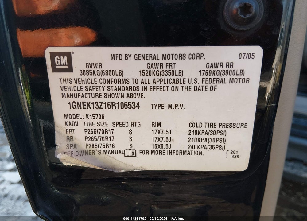 2006 CHEVROLET TAHOE Z71 VIN: 1GNEK13Z16R106534