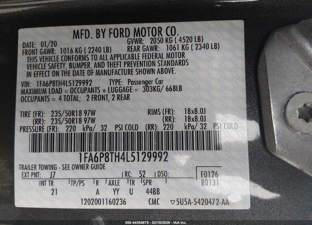 2020 FORD MUSTANG ECOBOOST FASTBACK VIN: 1FA6P8TH4L5129992