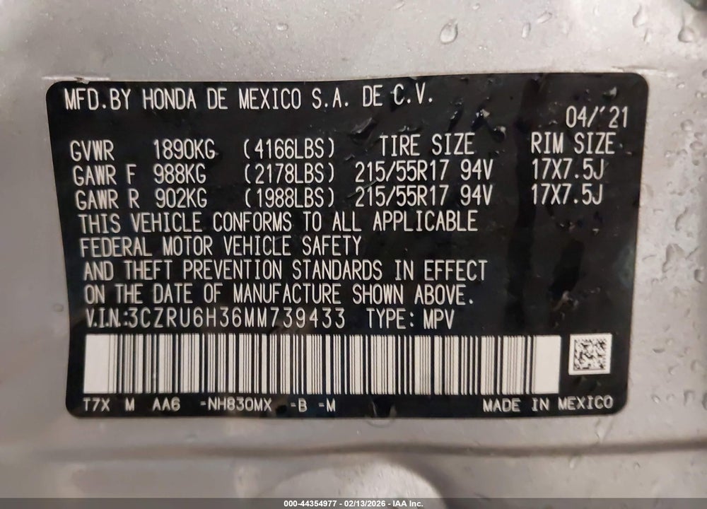 2021 HONDA HR-V AWD LX VIN: 3CZRU6H36MM739433
