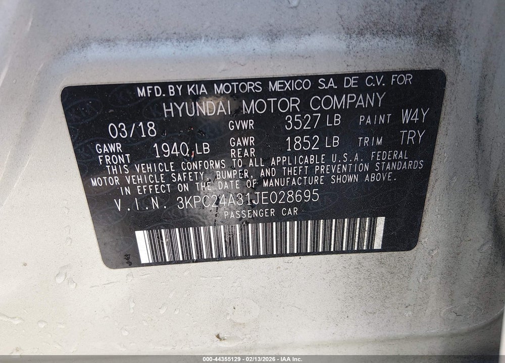 2018 HYUNDAI ACCENT SEL VIN: 3KPC24A31JE028695