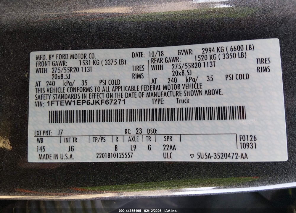 2018 FORD F-150 XL VIN: 1FTEW1EP6JKF67271