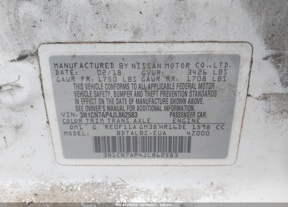 2018 NISSAN VERSA 1.6 SV VIN: 3N1CN7AP4JL862583
