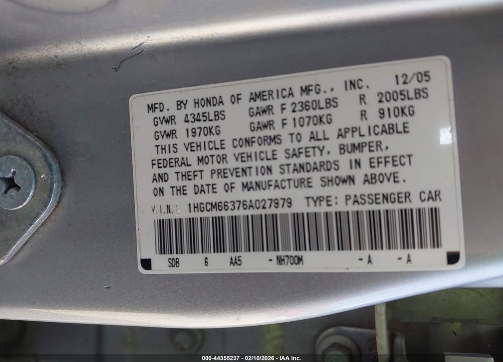 2006 HONDA ACCORD 3.0 LX VIN: 1HGCM66376A027979