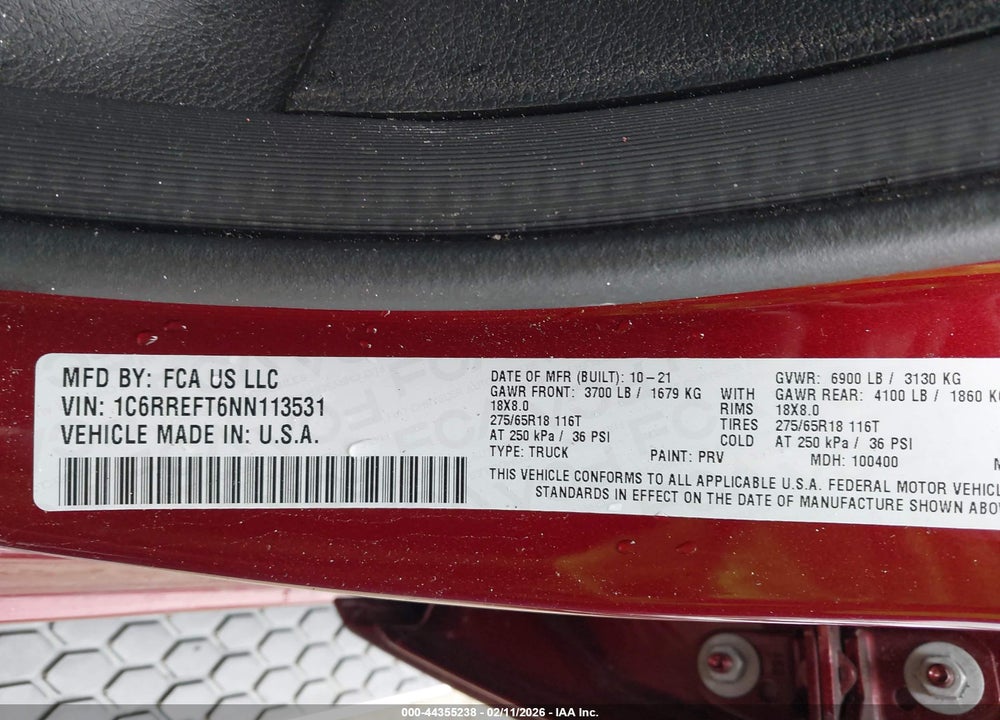 2022 RAM 1500 BIG HORN  4X2 5'7 BOX VIN: 1C6RREFT6NN113531
