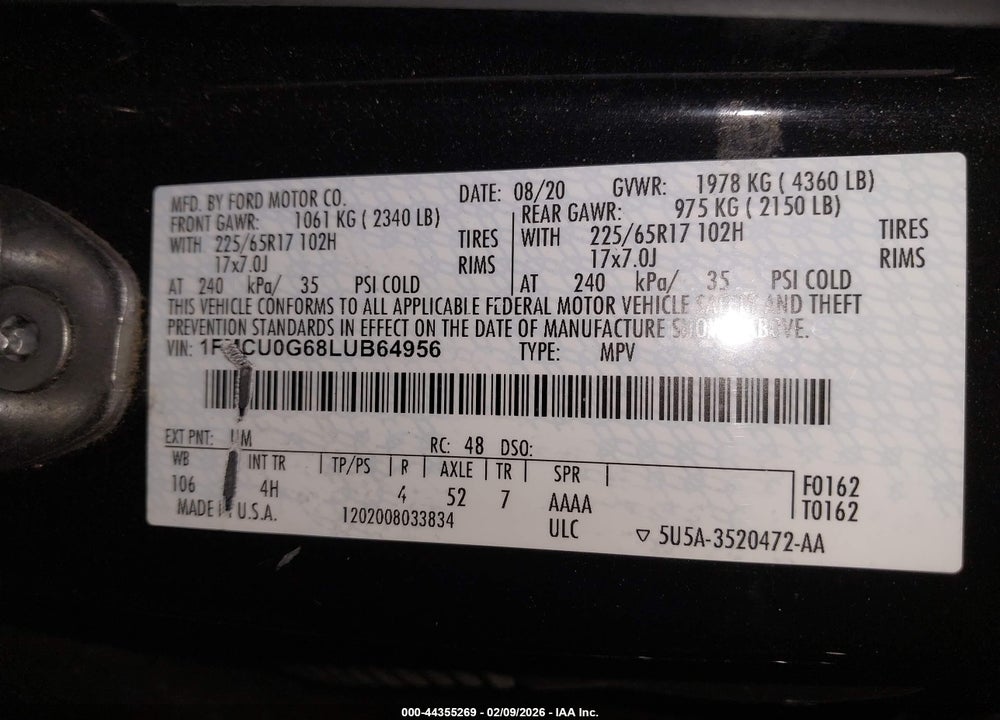 2020 FORD ESCAPE SE VIN: 1FMCU0G68LUB64956