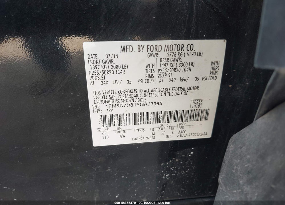 2015 FORD EXPLORER XLT VIN: 1FM5K7D81FGA33965