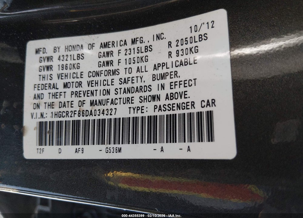 2013 HONDA ACCORD EX-L VIN: 1HGCR2F86DA034327