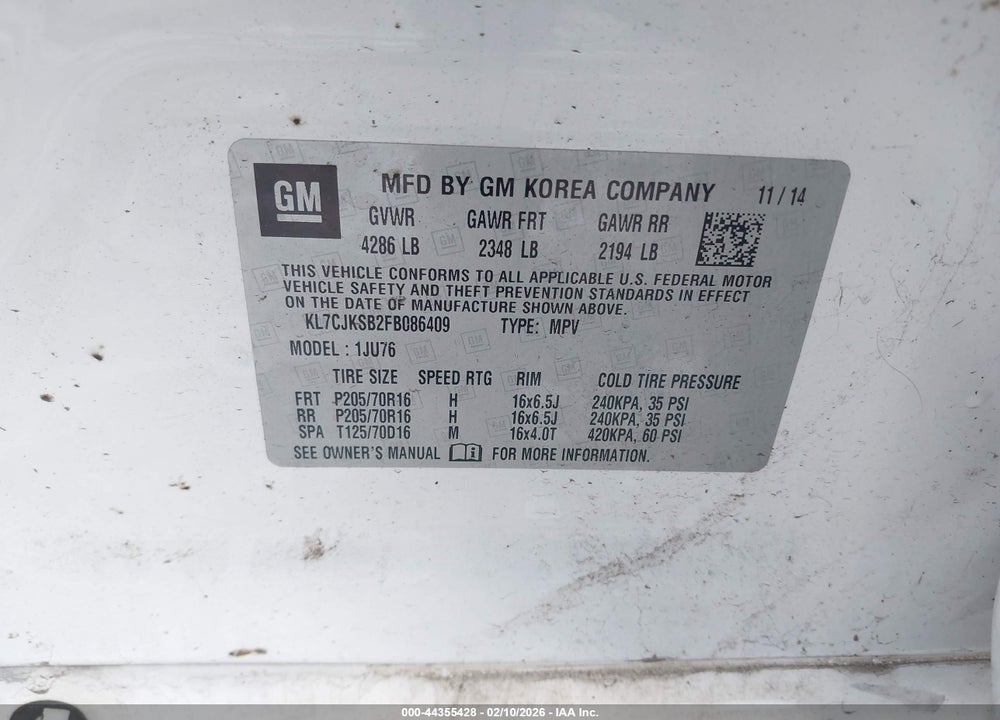 2015 CHEVROLET TRAX 1LS VIN: KL7CJKSB2FB086409