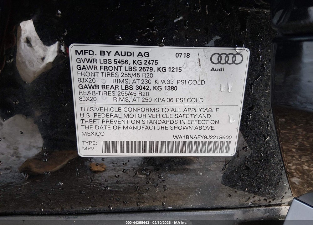 2018 AUDI Q5 2.0T PREMIUM/2.0T TECH PREMIUM VIN: WA1BNAFY9J2218600