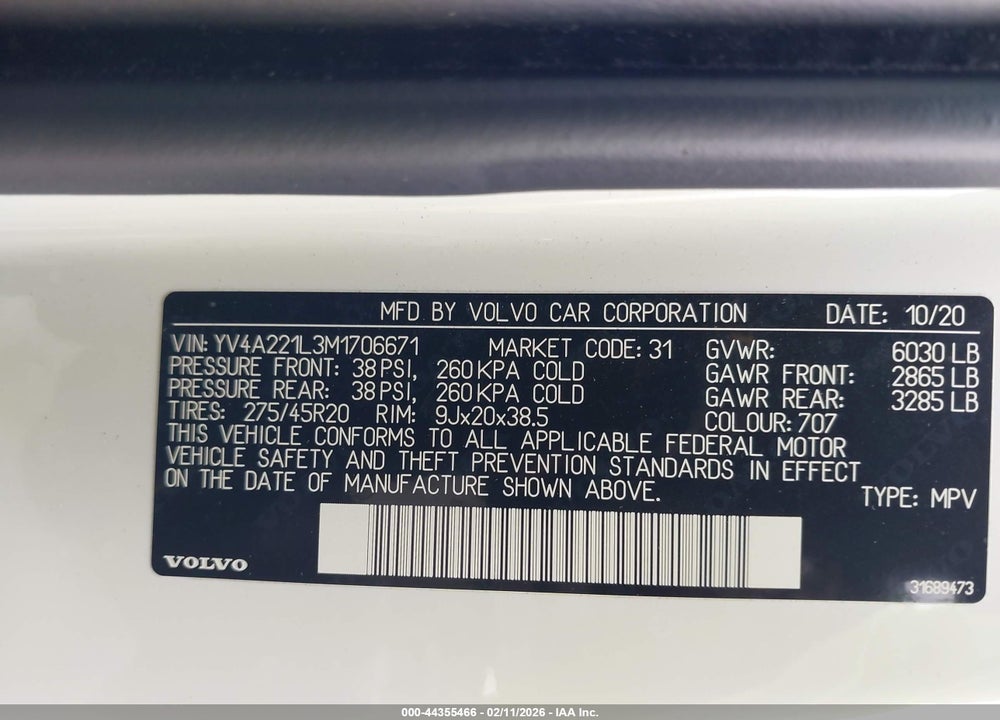 2021 VOLVO XC90 T6 INSCRIPTION 6 PASSENGER VIN: YV4A221L3M1706671