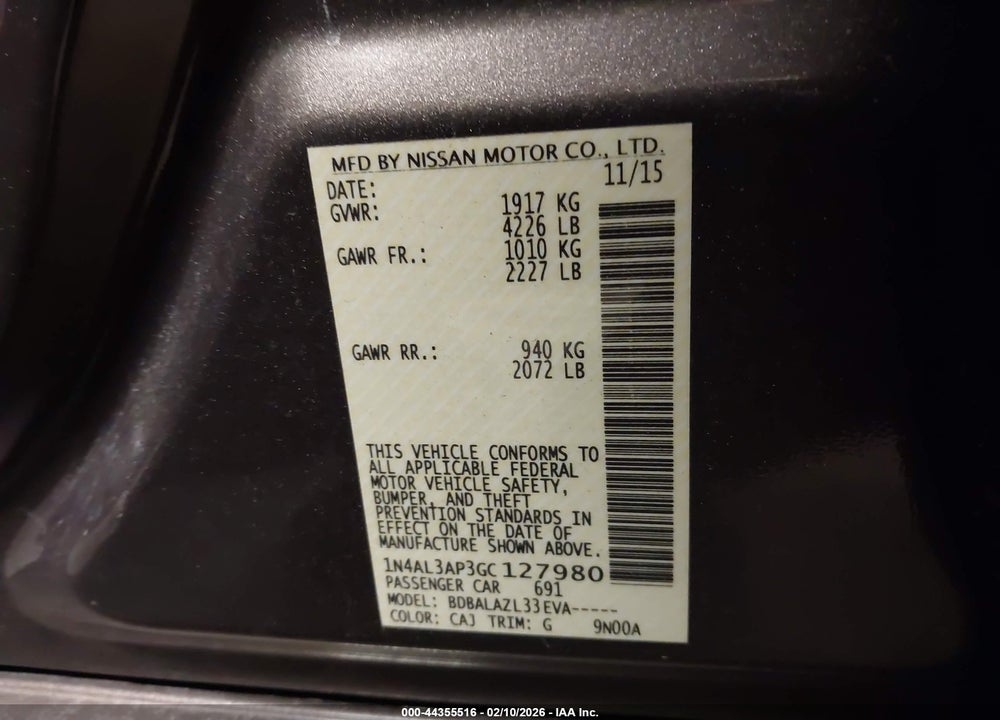 2016 NISSAN ALTIMA 2.5 VIN: 1N4AL3AP3GC127980