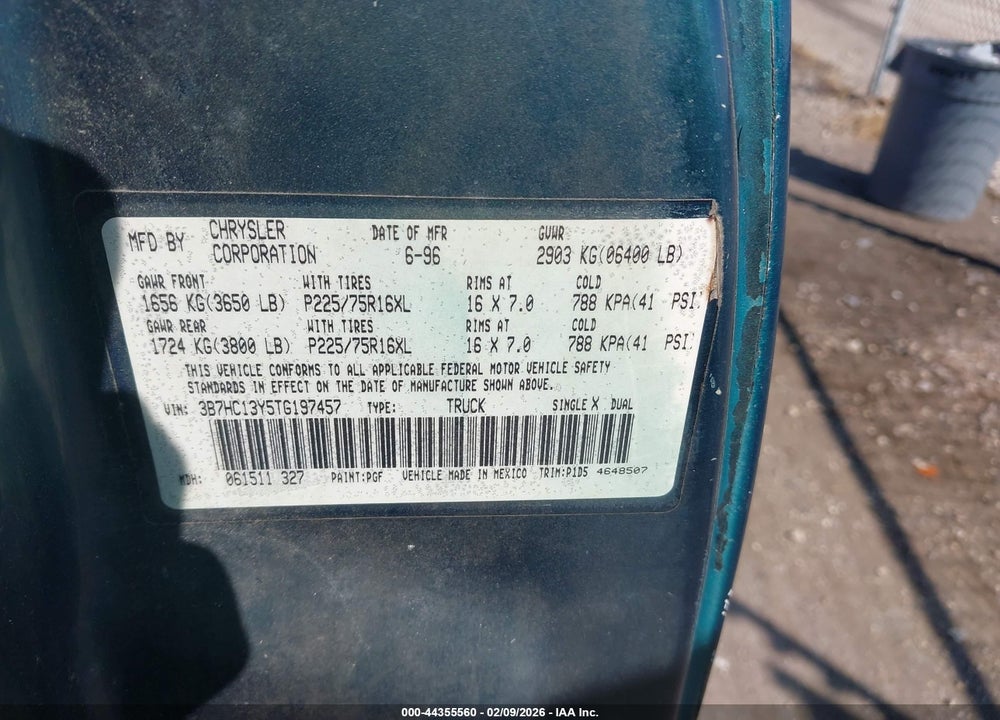 1996 DODGE RAM 1500 VIN: 3B7HC13Y5TG197457