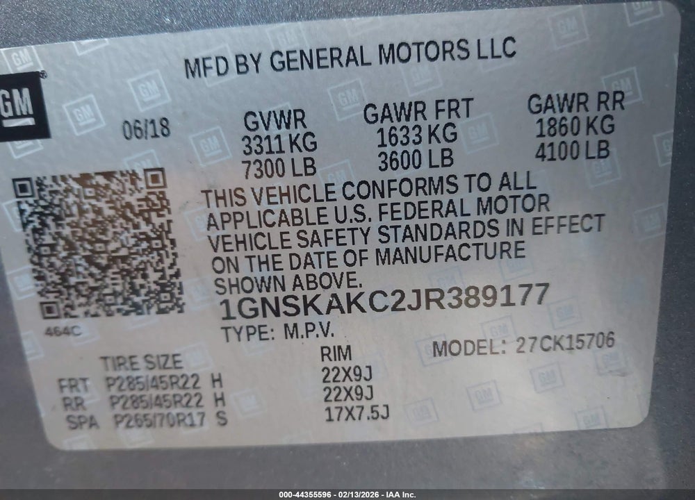 2018 CHEVROLET TAHOE LS VIN: 1GNSKAKC2JR389177