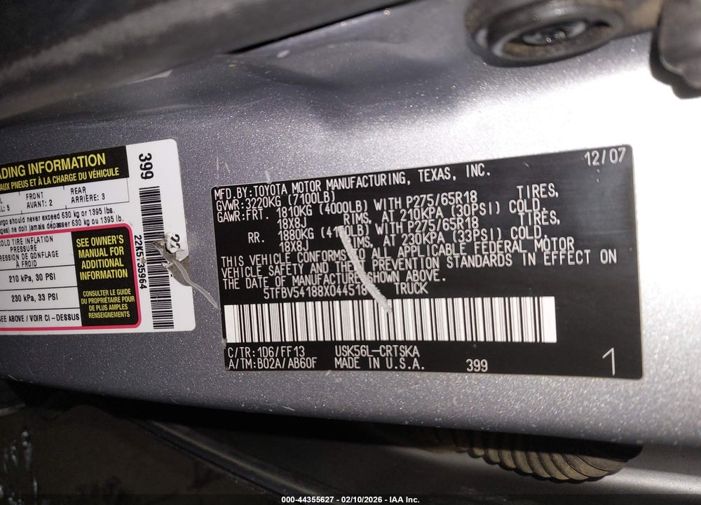2008 TOYOTA TUNDRA SR5 5.7L V8 VIN: 5TFBV54188X044518