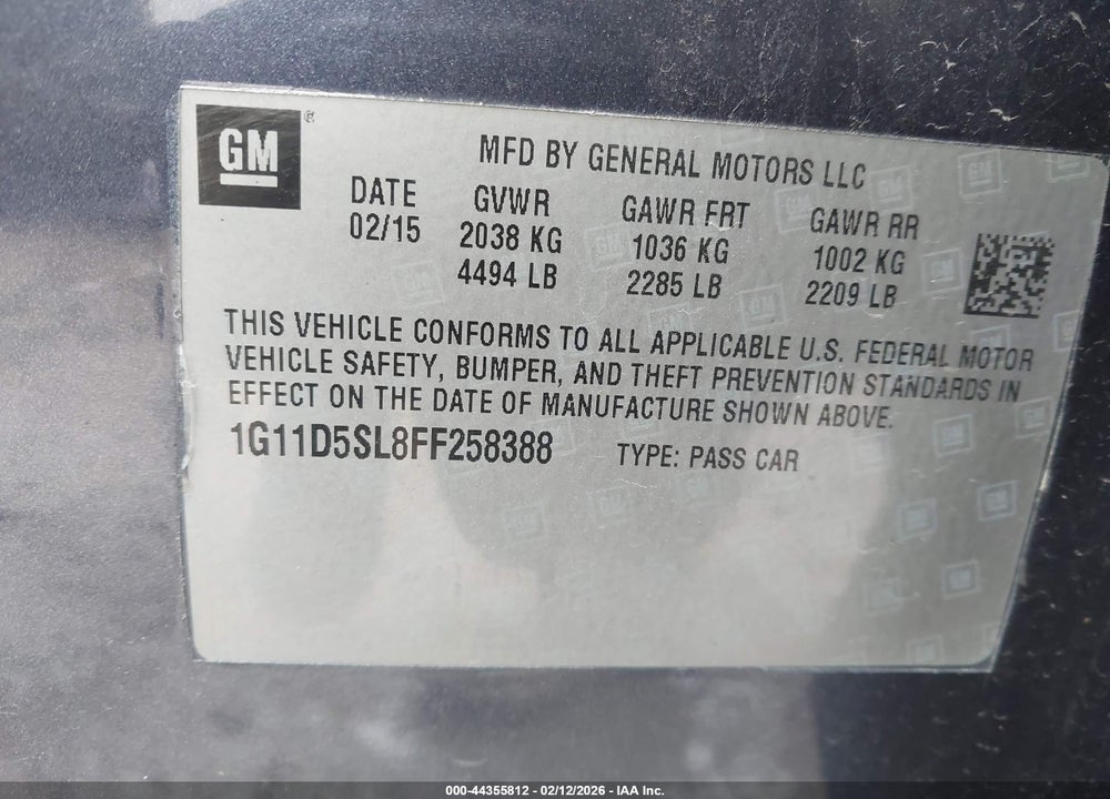 2015 CHEVROLET MALIBU 2LT VIN: 1G11D5SL8FF258388