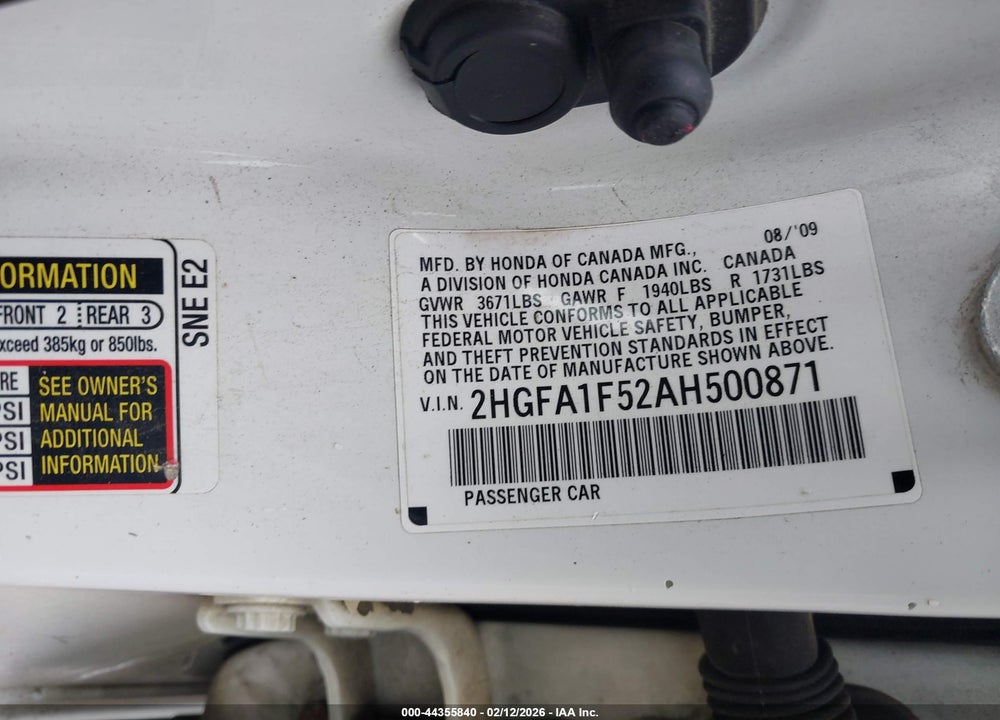 2010 HONDA CIVIC LX VIN: 2HGFA1F52AH500871