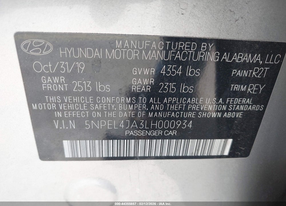 2020 HYUNDAI SONATA SEL VIN: 5NPEL4JA3LH000934