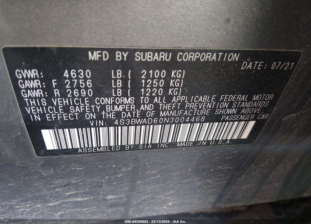 2022 SUBARU LEGACY PREMIUM VIN: 4S3BWAD60N3004468
