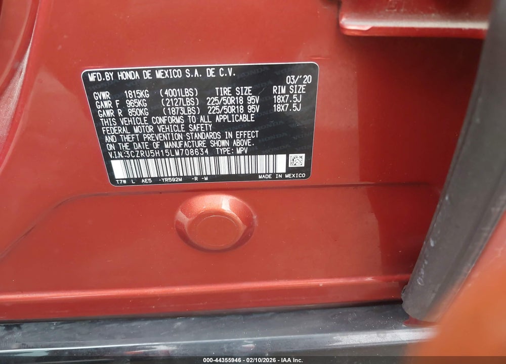 2020 HONDA HR-V 2WD SPORT VIN: 3CZRU5H15LM708634