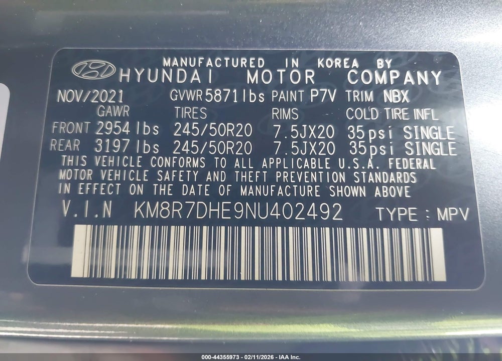 2022 HYUNDAI PALISADE CALLIGRAPHY VIN: KM8R7DHE9NU402492
