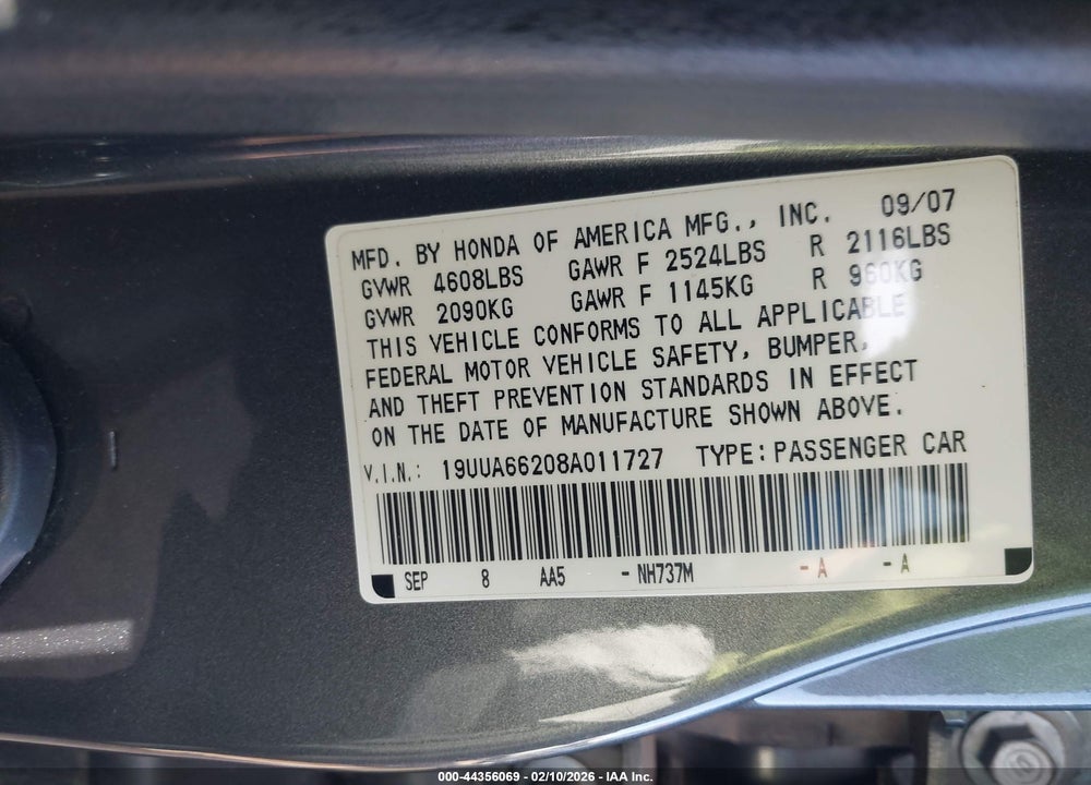 2008 ACURA TL 3.2 VIN: 19UUA66208A011727