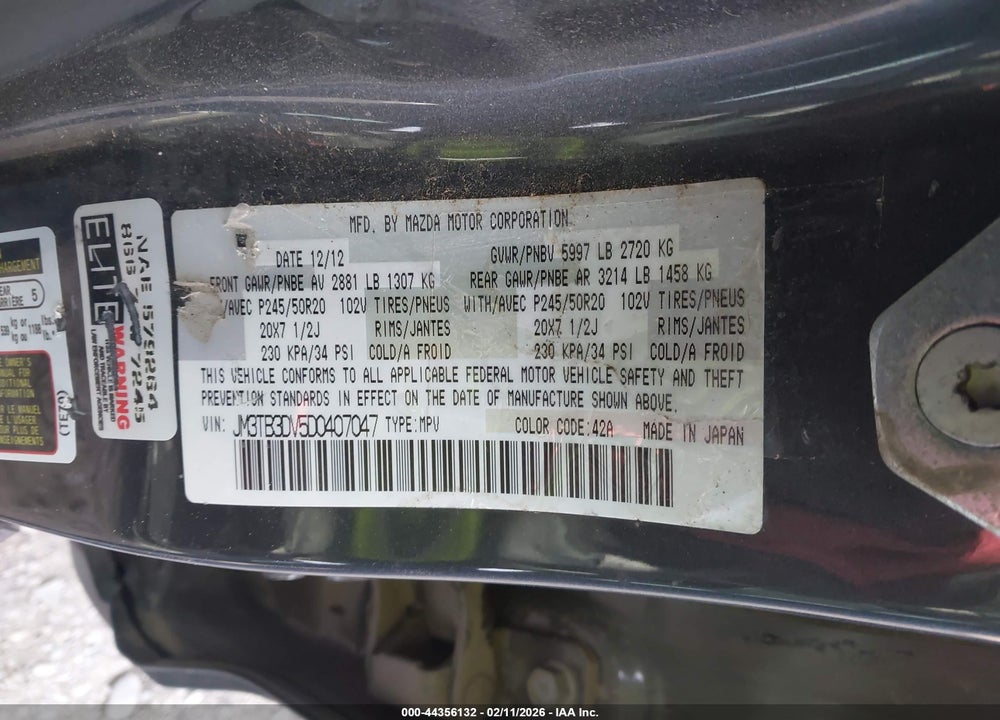 2013 MAZDA CX-9 GRAND TOURING VIN: JM3TB3DV5D0407047