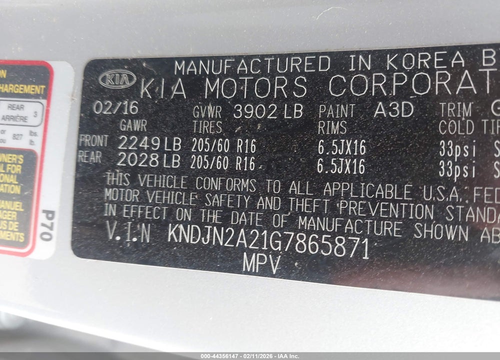2016 KIA SOUL VIN: KNDJN2A21G7865871
