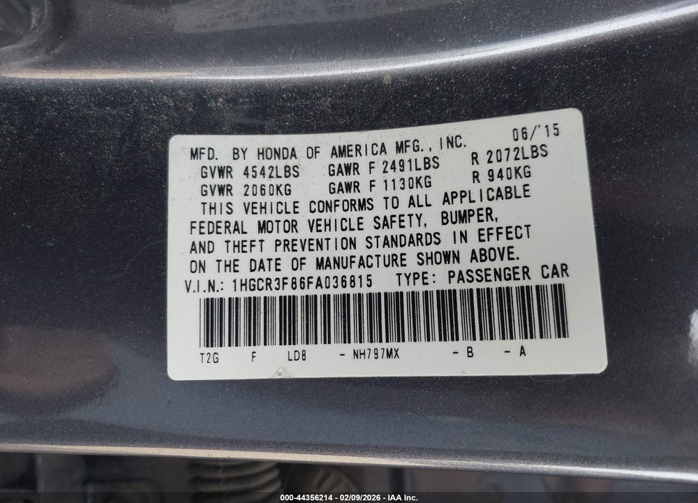 2015 HONDA ACCORD EX-L V-6 VIN: 1HGCR3F86FA036815