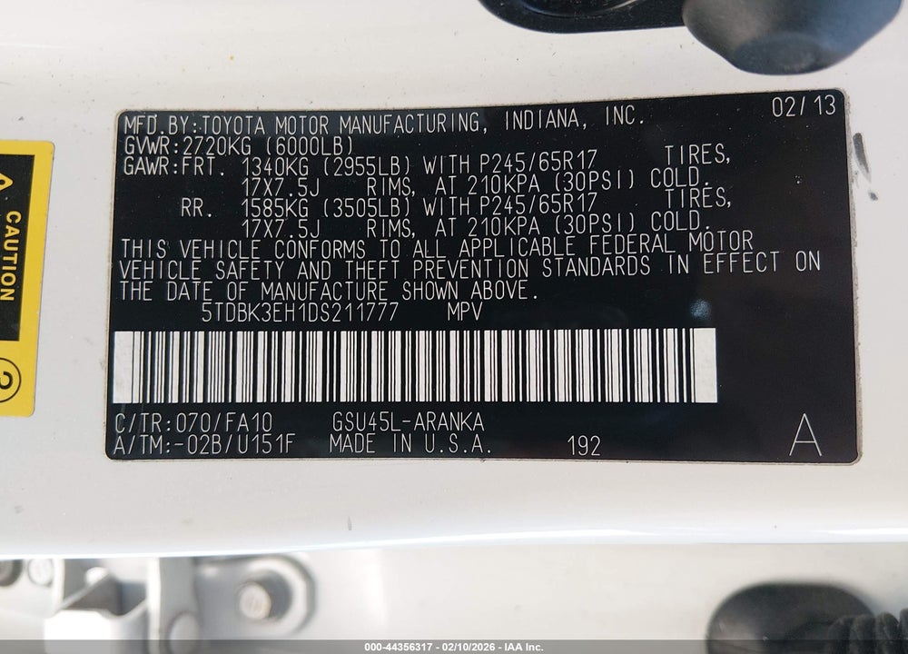 2013 TOYOTA HIGHLANDER BASE PLUS V6 VIN: 5TDBK3EH1DS211777