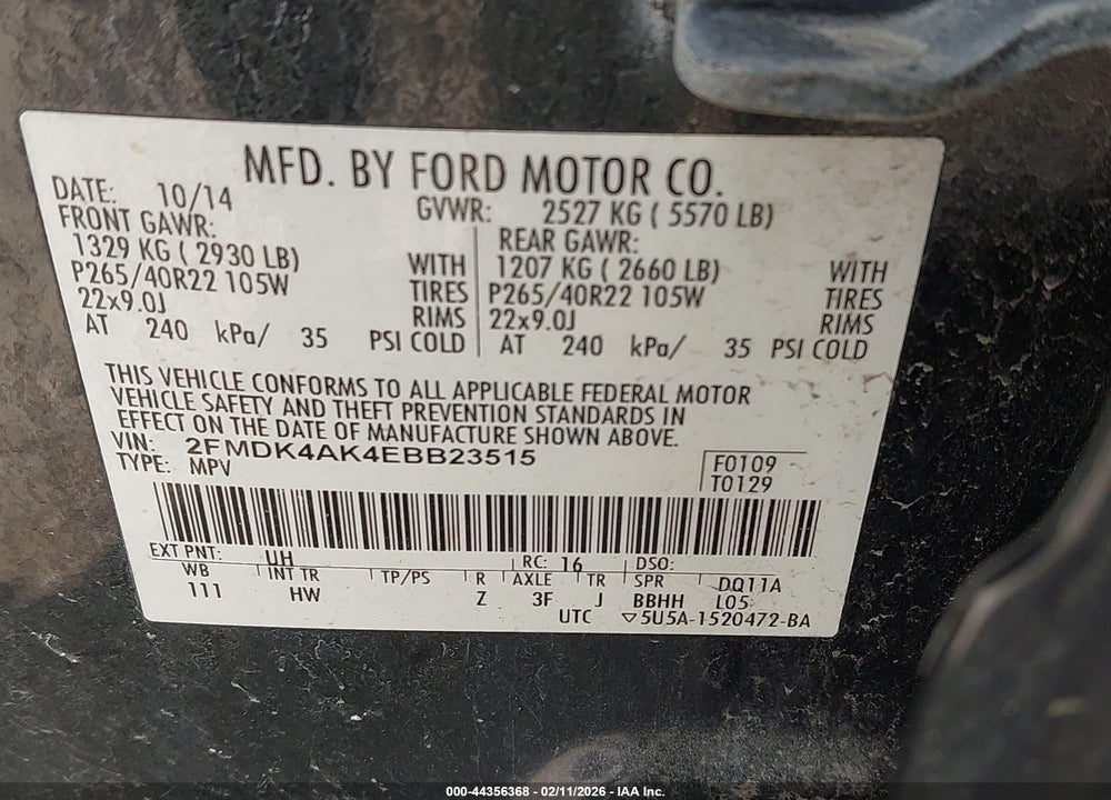 2014 FORD EDGE SPORT VIN: 2FMDK4AK4EBB23515