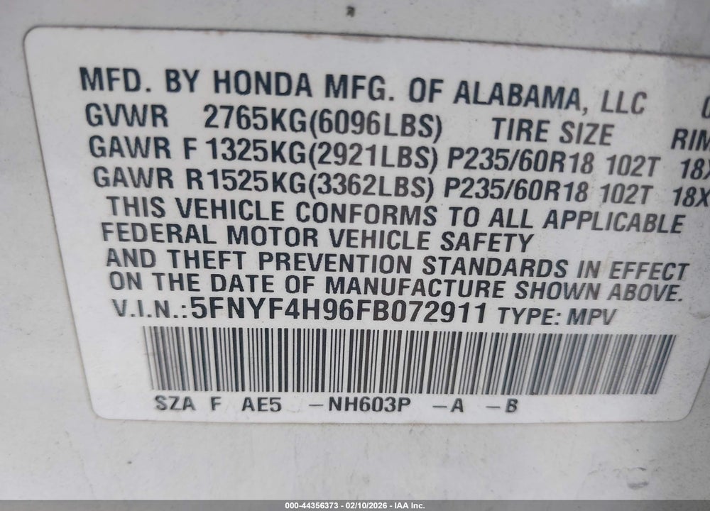 2015 HONDA PILOT TOURING VIN: 5FNYF4H96FB072911