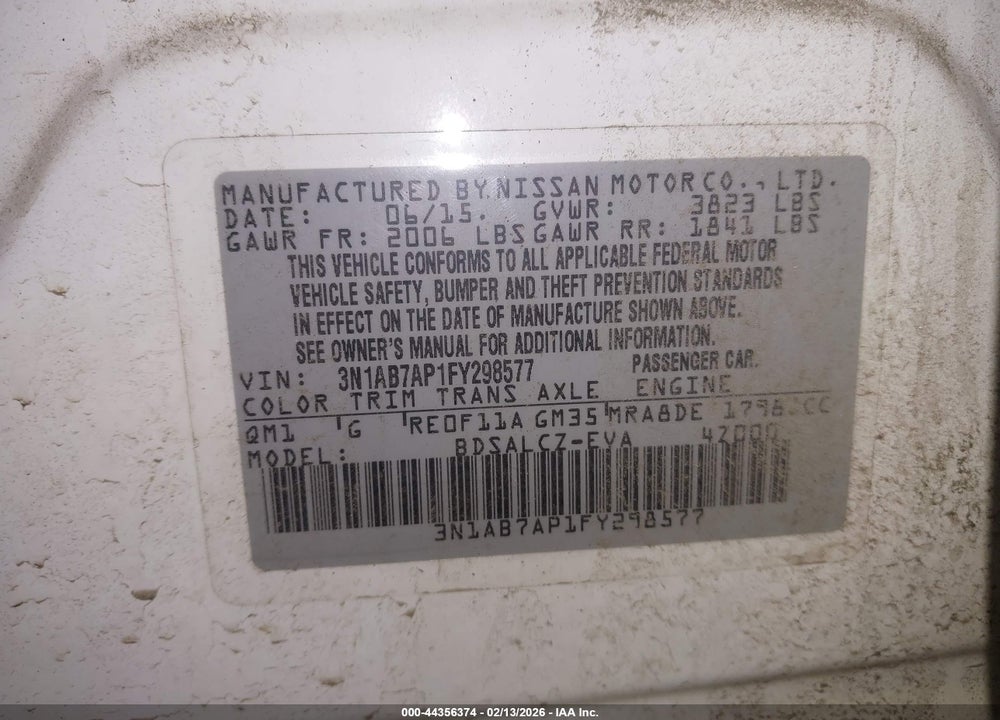 2015 NISSAN SENTRA S VIN: 3N1AB7AP1FY298577
