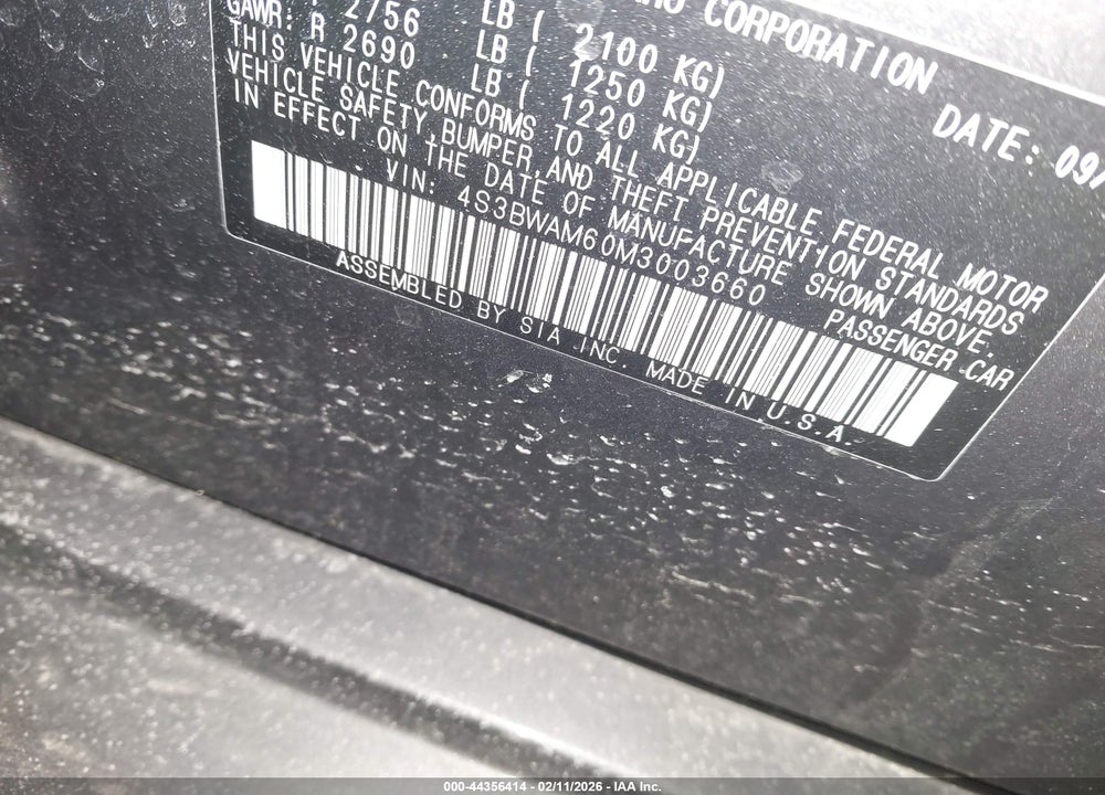 2021 SUBARU LEGACY LIMITED VIN: 4S3BWAM60M3003660