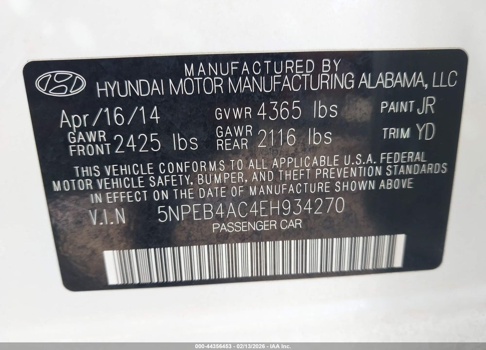 2014 HYUNDAI SONATA GLS VIN: 5NPEB4AC4EH934270