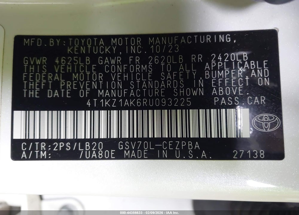 2024 TOYOTA CAMRY XSE V6 VIN: 4T1KZ1AK6RU093225