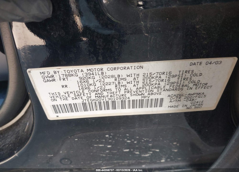 2003 TOYOTA RAV4 VIN: JTEGH20V130109324