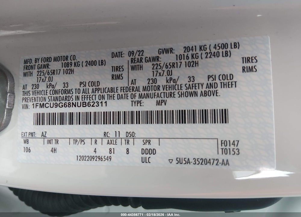 2022 FORD ESCAPE SE VIN: 1FMCU9G68NUB62311