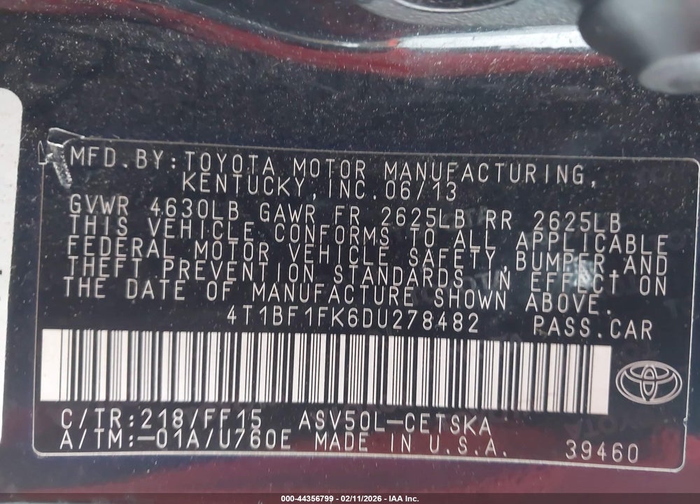 2013 TOYOTA CAMRY SE VIN: 4T1BF1FK6DU278482