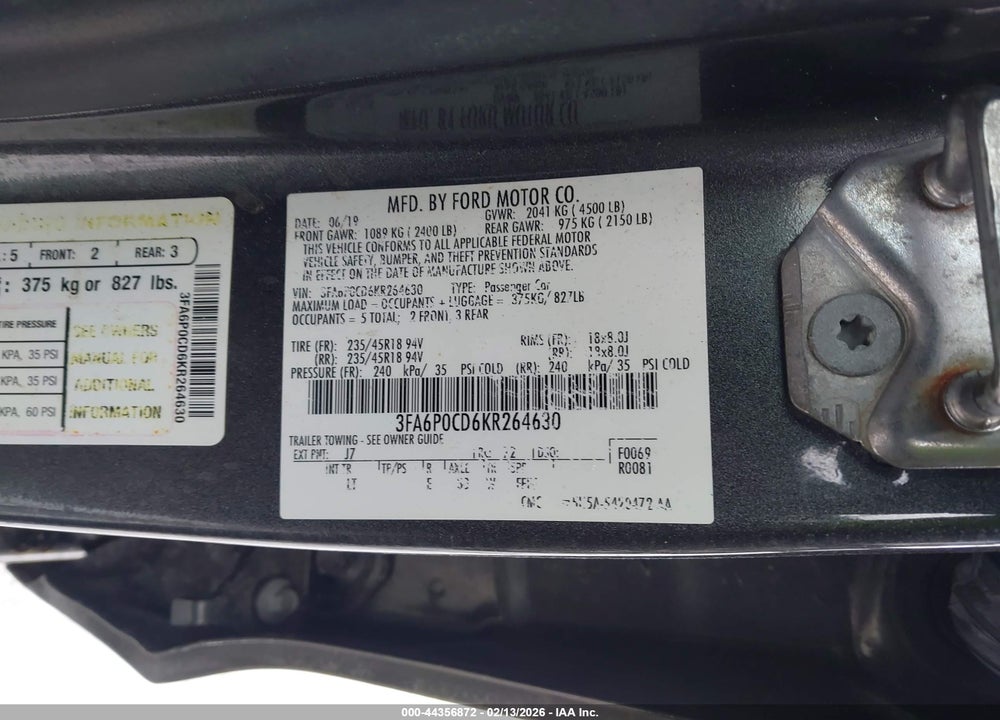 2019 FORD FUSION SEL VIN: 3FA6P0CD6KR264630