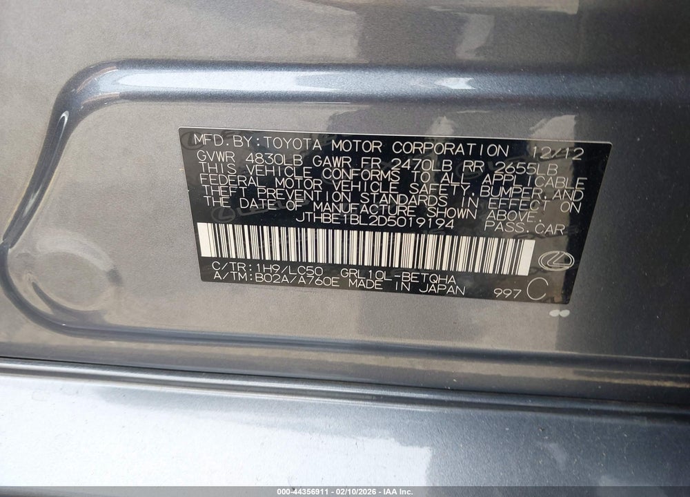 2013 LEXUS GS 350 VIN: JTHBE1BL2D5019194