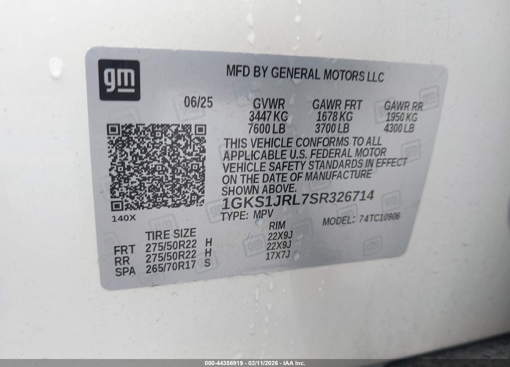 2025 GMC YUKON XL 2WD DENALI VIN: 1GKS1JRL7SR326714