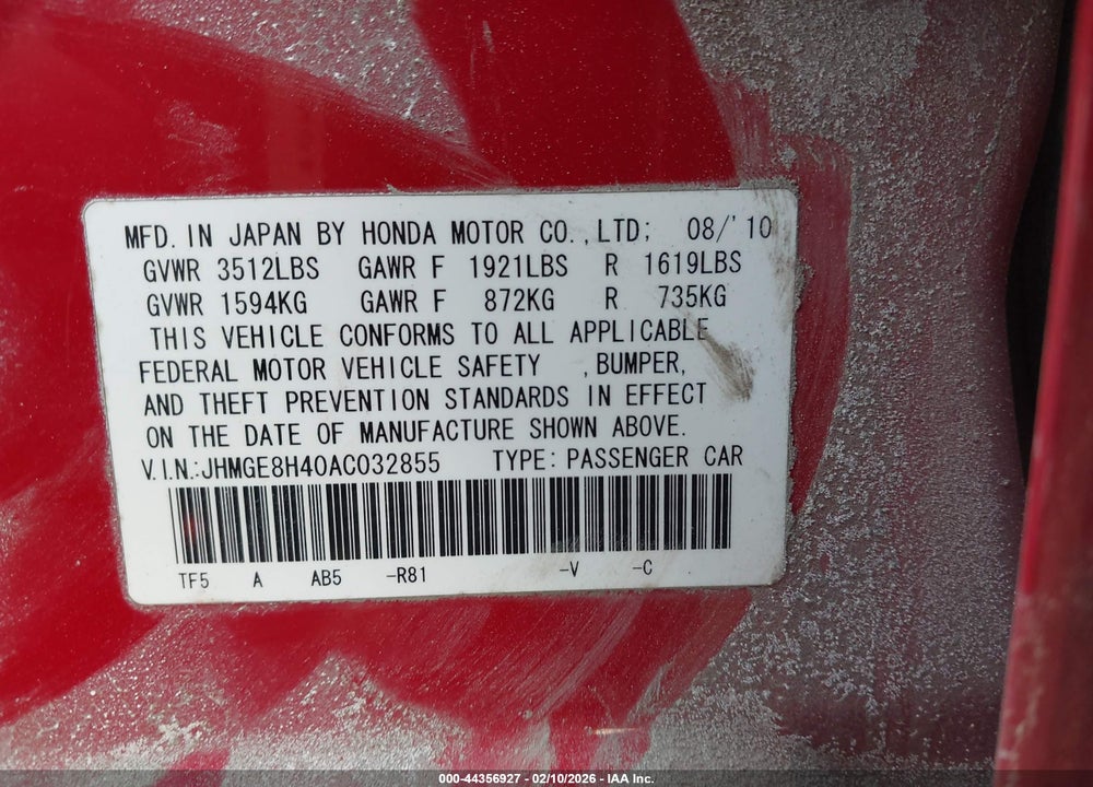 2010 HONDA FIT SPORT VIN: JHMGE8H40AC032855