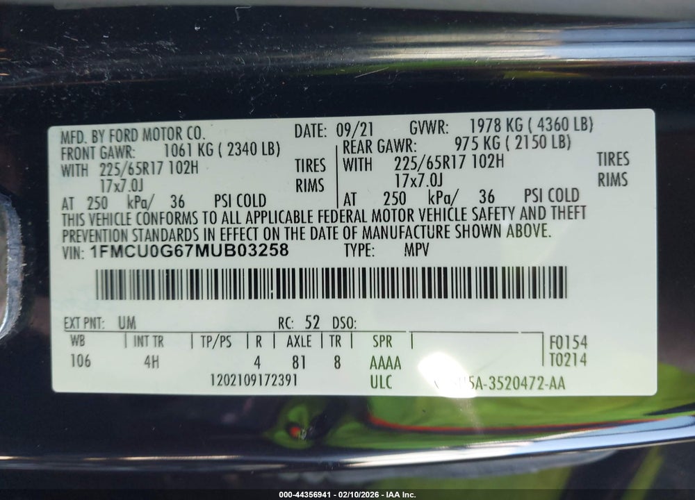 2021 FORD ESCAPE SE VIN: 1FMCU0G67MUB03258