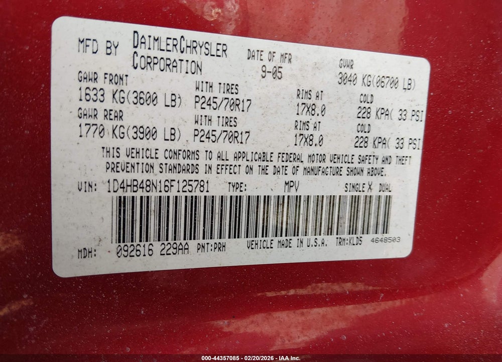 2006 DODGE DURANGO SLT VIN: 1D4HB48N16F125781
