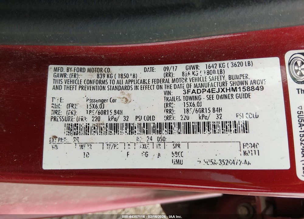2017 FORD FIESTA SE VIN: 3FADP4EJXHM158849