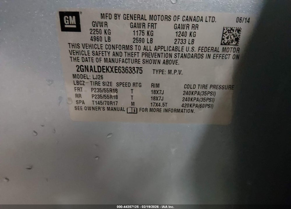 2014 CHEVROLET EQUINOX LTZ VIN: 2GNALDEKXE6363375