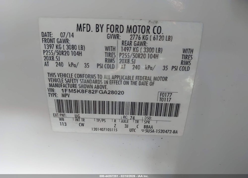2015 FORD EXPLORER LIMITED VIN: 1FM5K8F82FGA28020