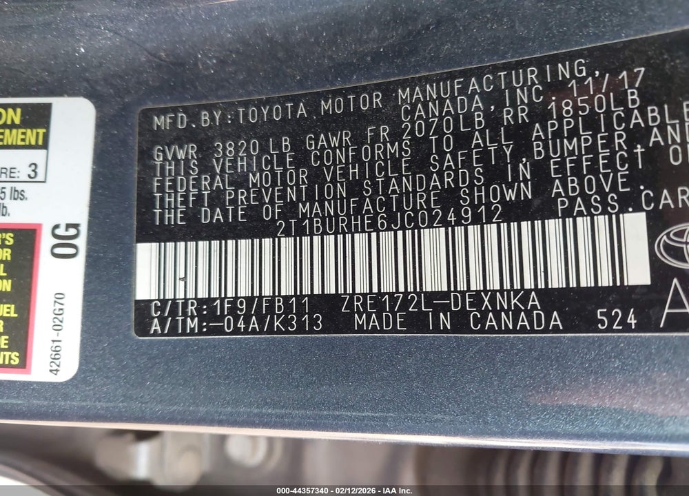 2018 TOYOTA COROLLA LE VIN: 2T1BURHE6JC024912